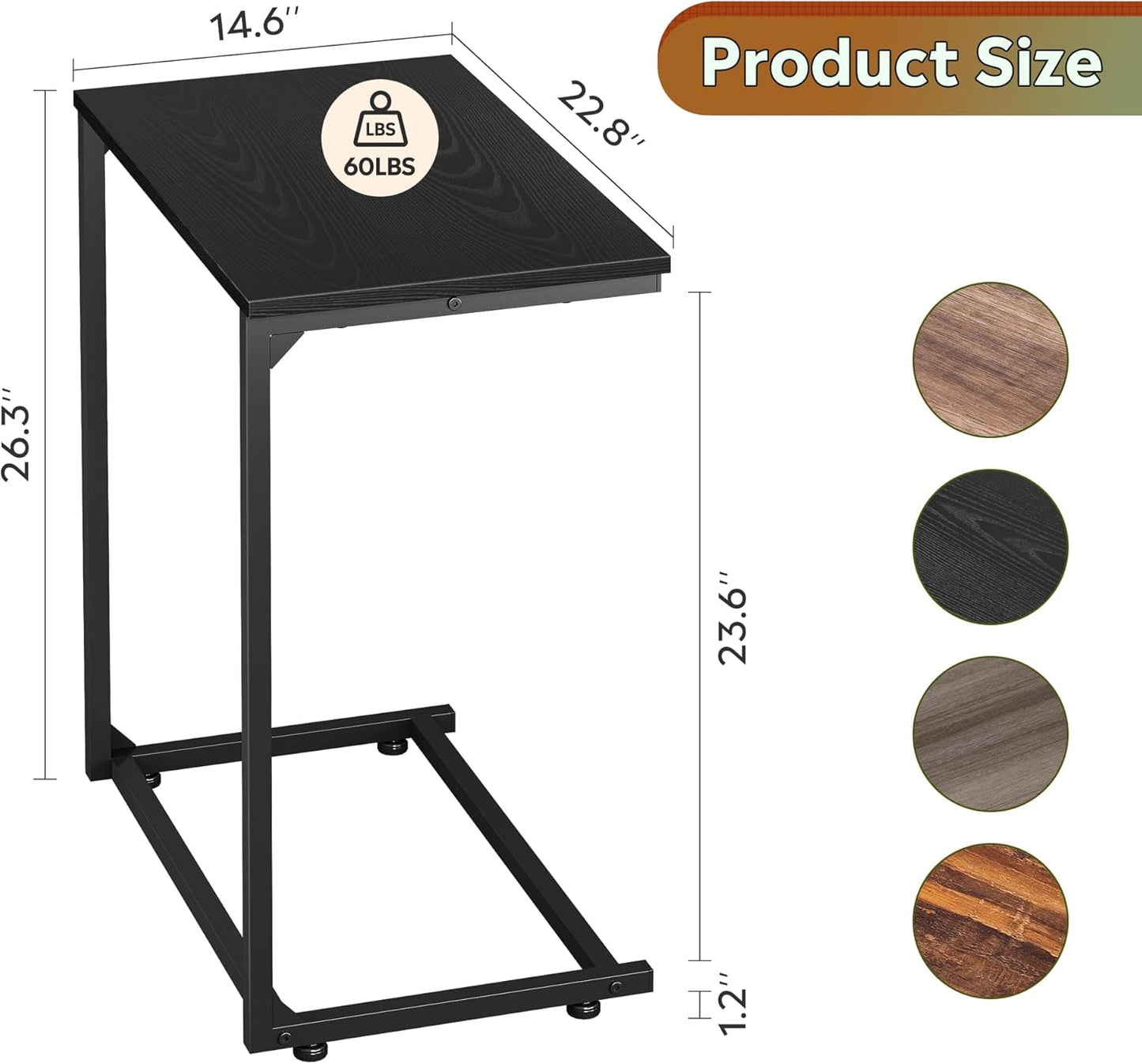 Black C-Shaped End Table, Small Side Tables for Sofa, Wide Couch Table That Slide Under, Laptop Snack Table for Living Room, Bedroom, Home Office, Black