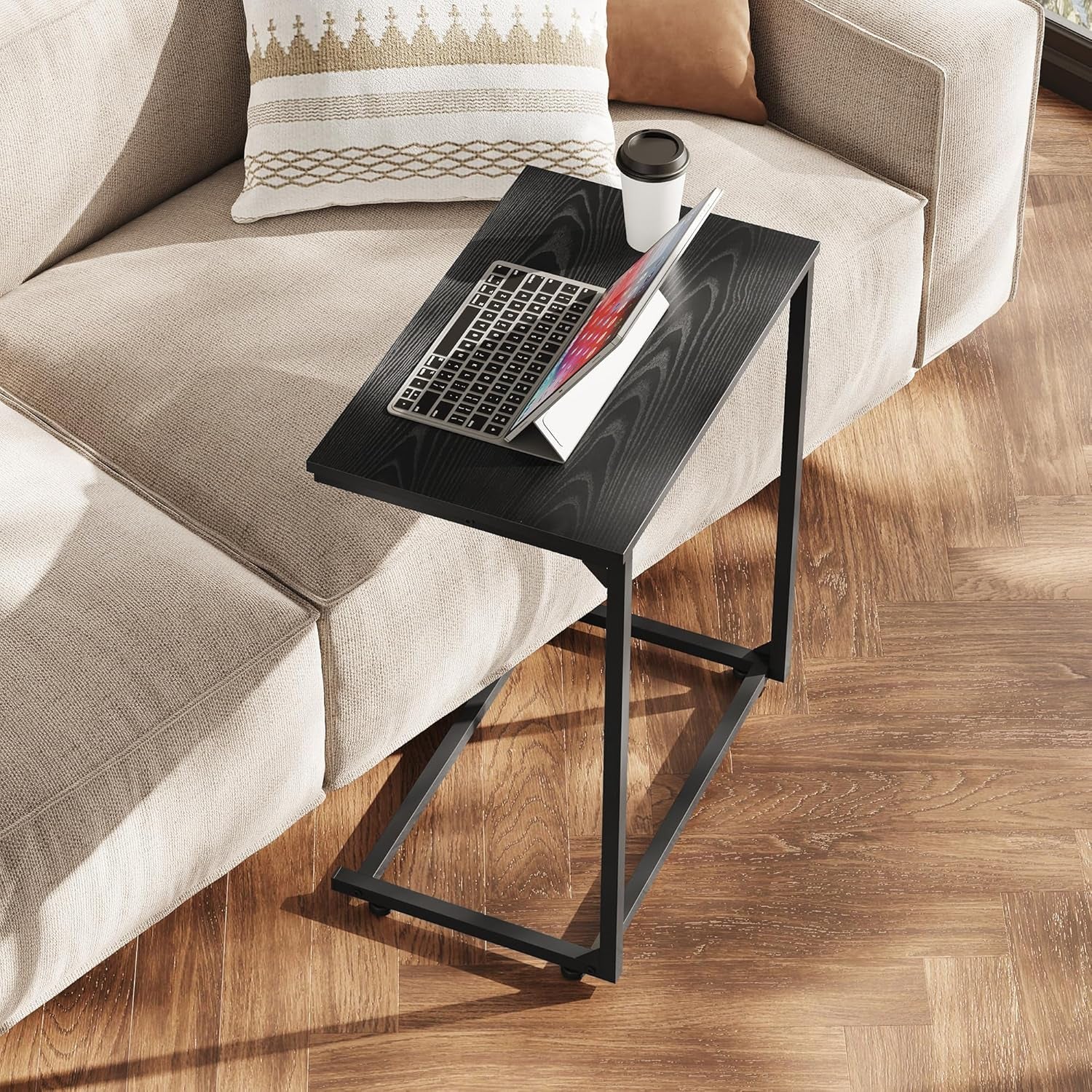 Black C-Shaped End Table, Small Side Tables for Sofa, Wide Couch Table That Slide Under, Laptop Snack Table for Living Room, Bedroom, Home Office, Black