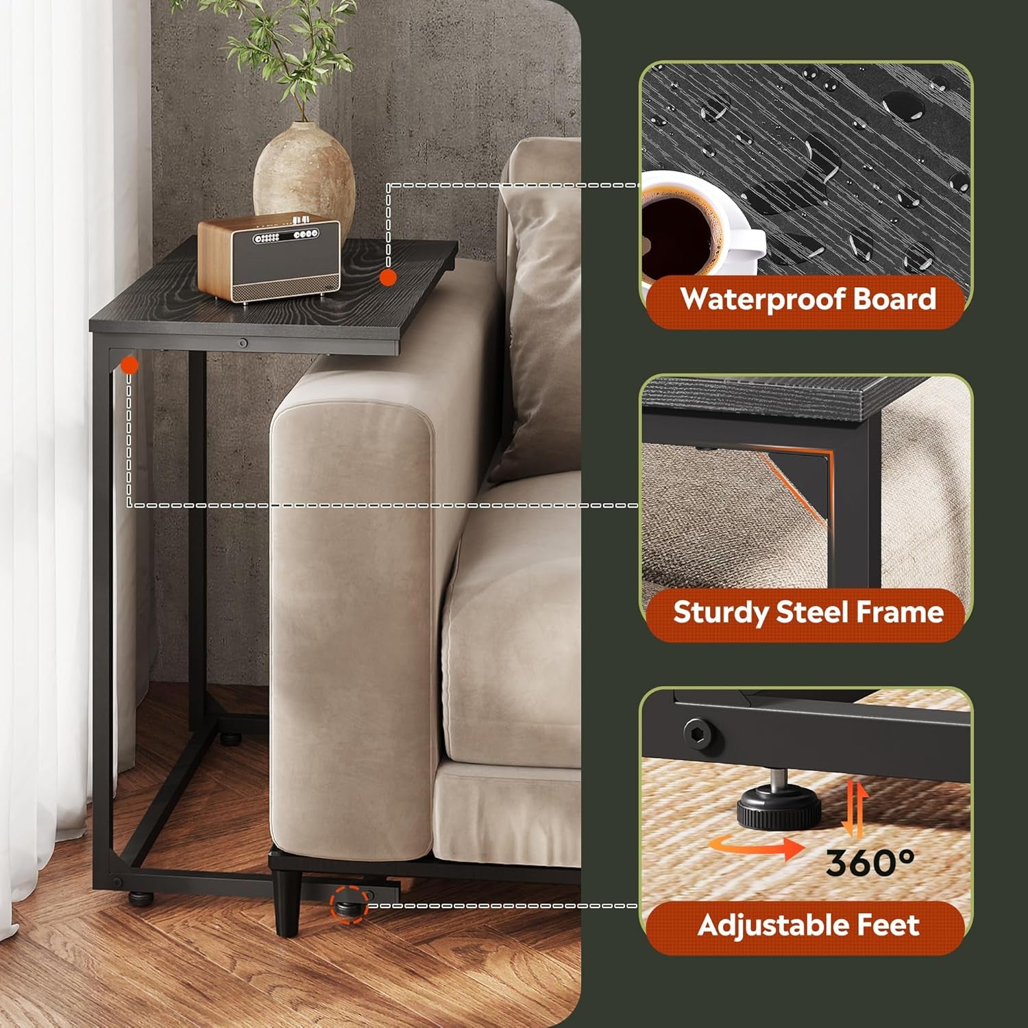 Black C-Shaped End Table, Small Side Tables for Sofa, Wide Couch Table That Slide Under, Laptop Snack Table for Living Room, Bedroom, Home Office, Black