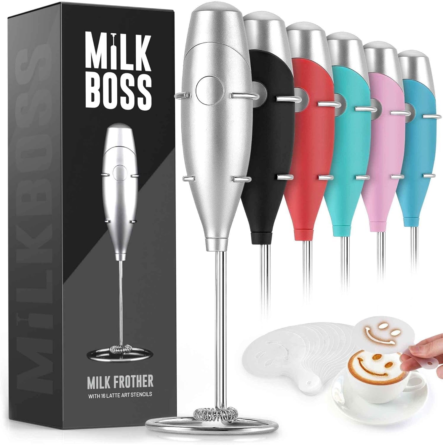 Mighty Milk Frother Handheld Whisk Mixer - Coffee Frother Electric Handheld Foam Maker & Frother for Coffee - Portable Electric Whisk with 16-Piece Stencils for Latte, Matcha & More (Silver)